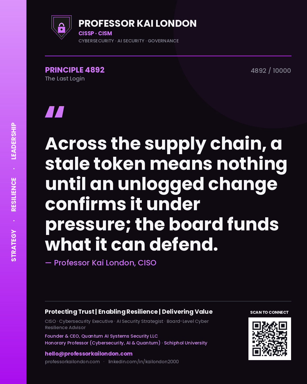 Quote card by Professor Kai London reading 'Across the supply chain, a stale token means nothing until an unlogged change confirms it under pressure; the board funds what it can defend.'. From the book The Last Login.