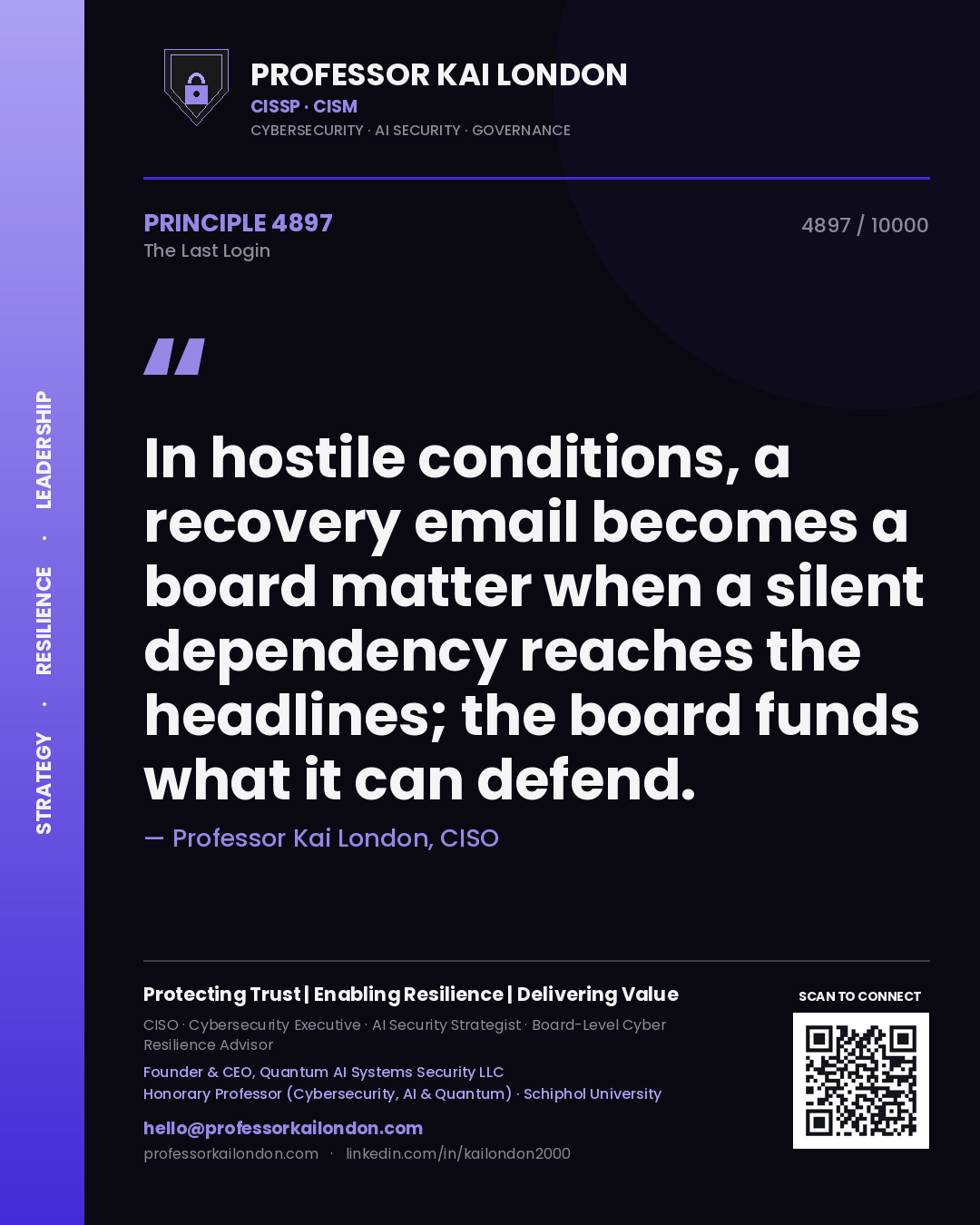 Quote card by Professor Kai London reading 'In hostile conditions, a recovery email becomes a board matter when a silent dependency reaches the headlines; the board funds what it can defend.'. From the book The Last Login.