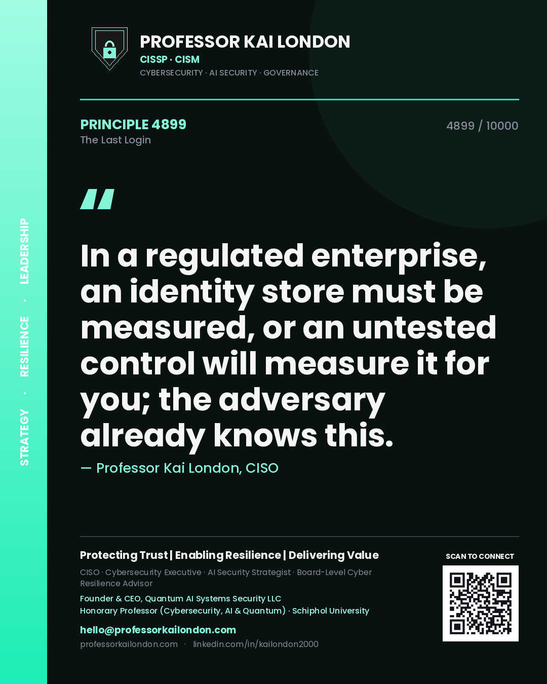 Quote card by Professor Kai London reading 'In a regulated enterprise, an identity store must be measured, or an untested control will measure it for you; the adversary already knows this.'. From the book The Last Login.