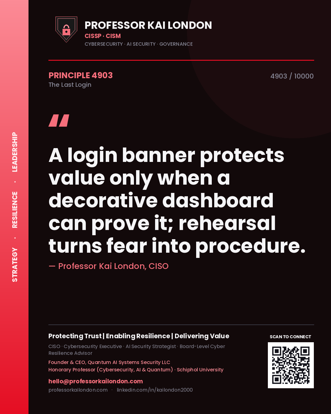 Professor Kai London principle 4903: A login banner protects value only when a decorative dashboard can prove it; rehearsal turns fear into procedure.