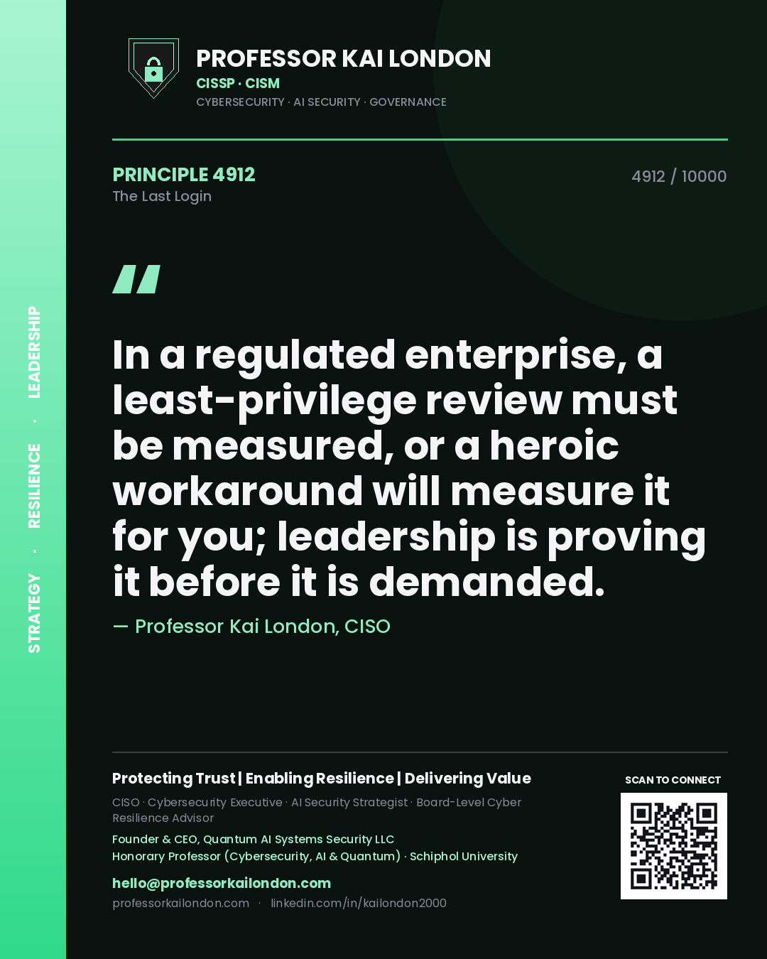 Quote card by Professor Kai London reading 'In a regulated enterprise, a least-privilege review must be measured, or a heroic workaround will measure it for you; leadership is proving it before it is demanded.'. From the book The Last Login.