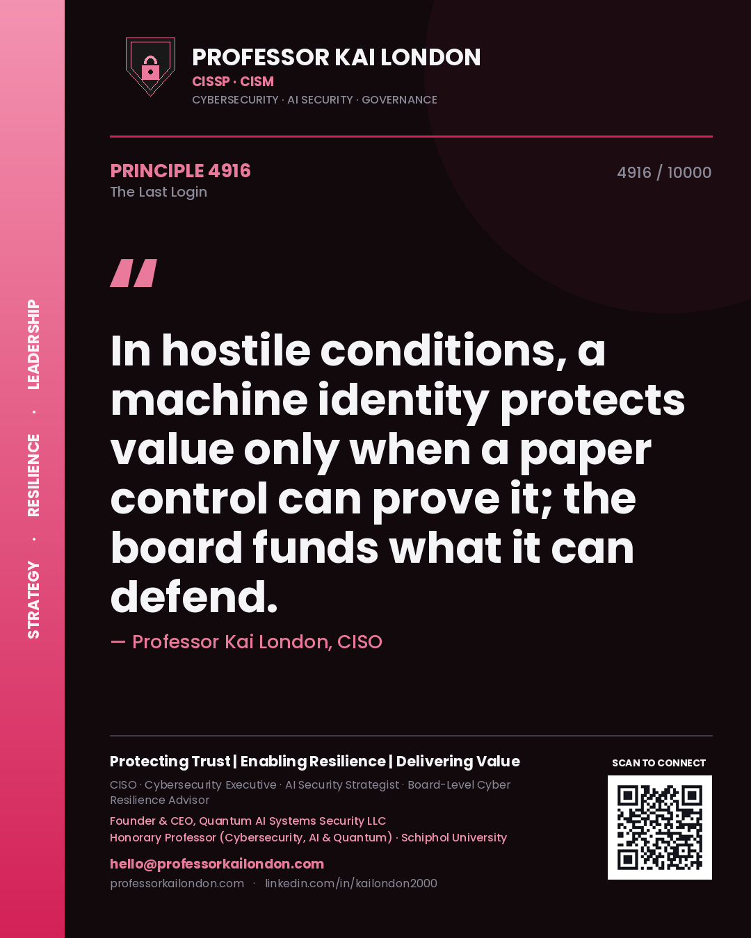 Professor Kai London principle 4916: In hostile conditions, a machine identity protects value only when a paper control can prove it; the board funds what it can defend.