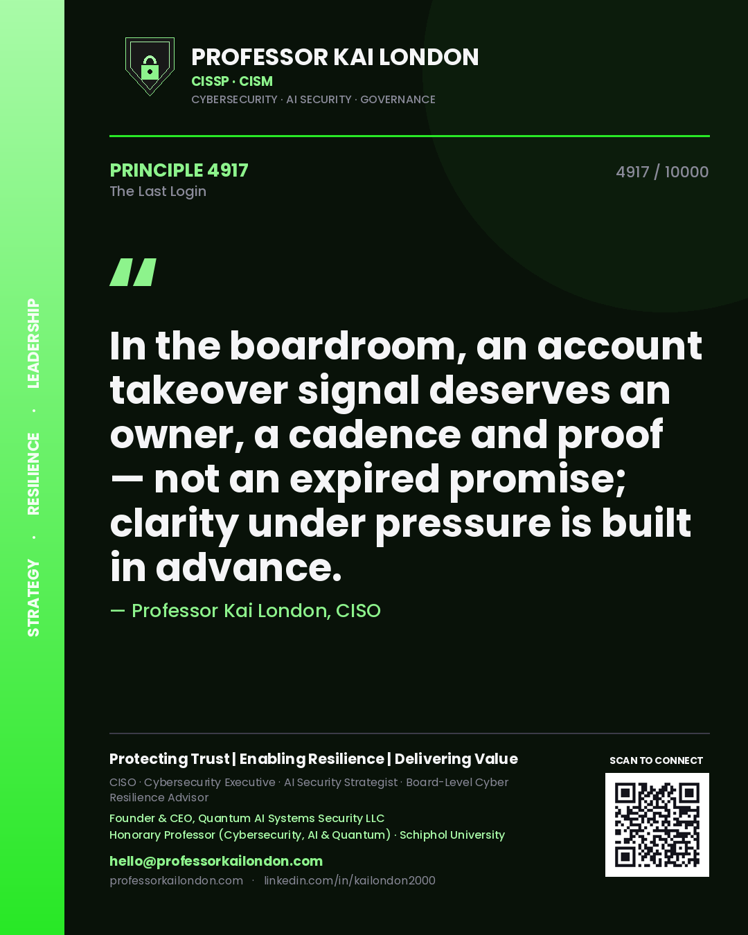 Professor Kai London principle 4917: In the boardroom, an account takeover signal deserves an owner, a cadence and proof — not an expired promise; clarity under pressure is built in advance.