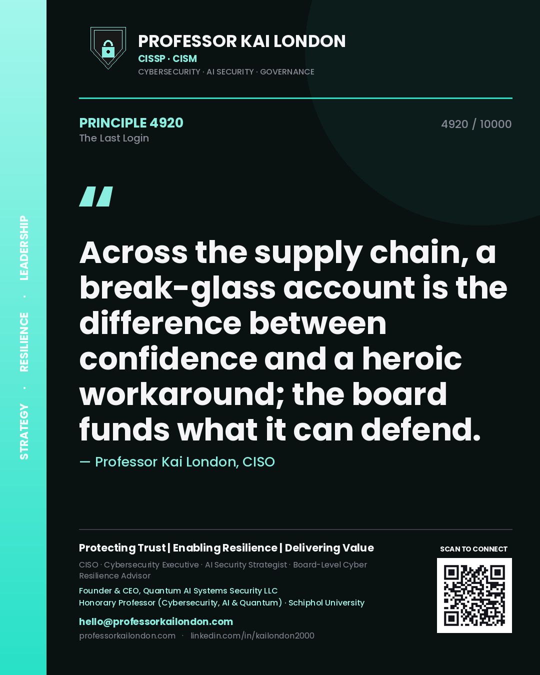 Quote card by Professor Kai London reading 'Across the supply chain, a break-glass account is the difference between confidence and a heroic workaround; the board funds what it can defend.'. From the book The Last Login.