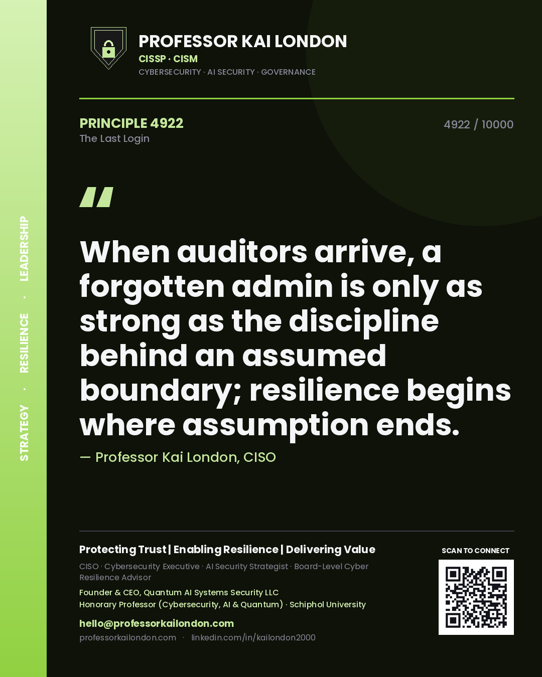 Professor Kai London principle 4922: When auditors arrive, a forgotten admin is only as strong as the discipline behind an assumed boundary; resilience begins where assumption ends.