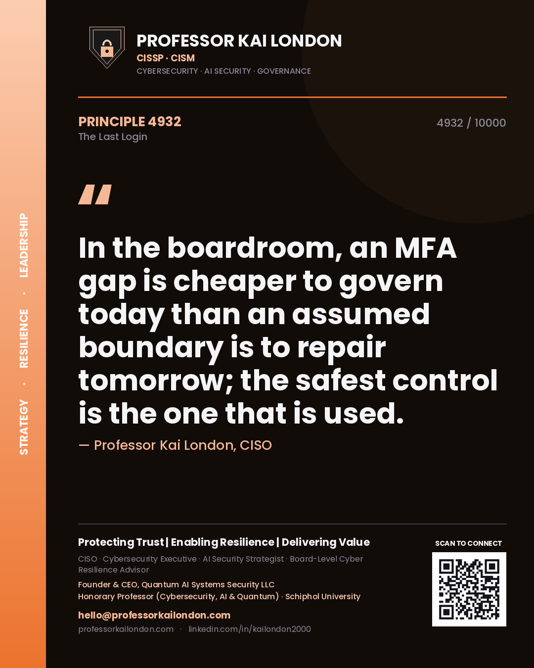 Professor Kai London principle 4932: In the boardroom, an MFA gap is cheaper to govern today than an assumed boundary is to repair tomorrow; the safest control is the one that is used.