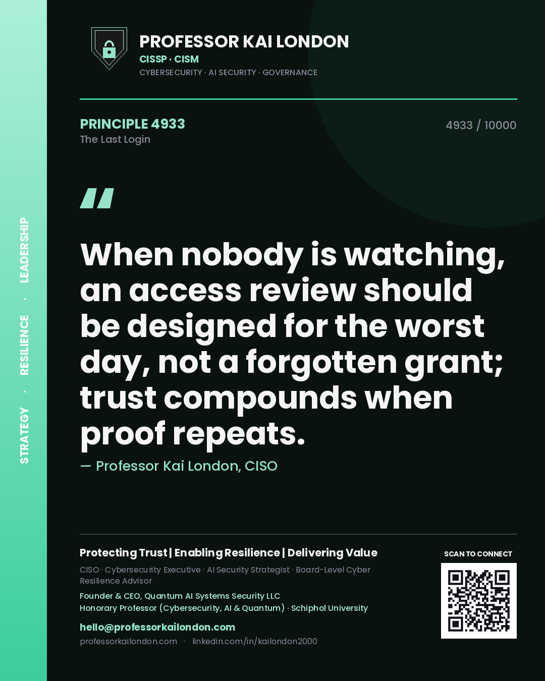 Quote card by Professor Kai London reading 'When nobody is watching, an access review should be designed for the worst day, not a forgotten grant; trust compounds when proof repeats.'. From the book The Last Login.