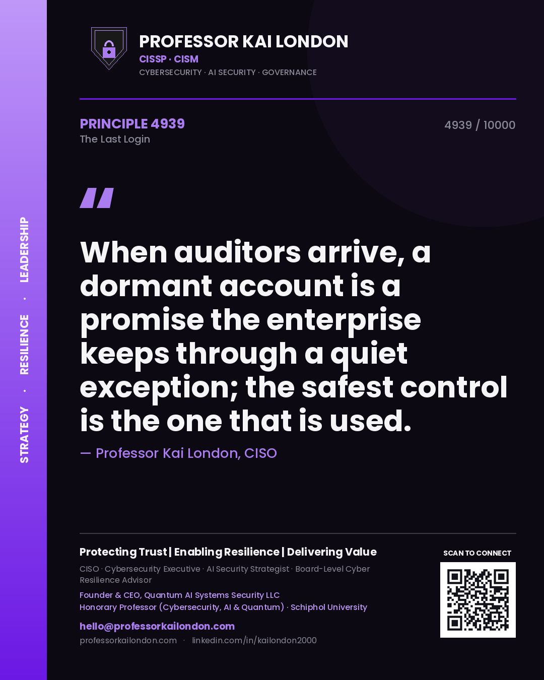 Professor Kai London principle 4939: When auditors arrive, a dormant account is a promise the enterprise keeps through a quiet exception; the safest control is the one that is used.