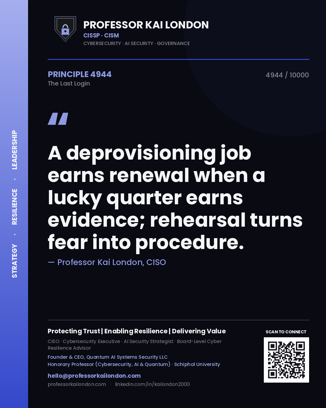 Professor Kai London principle 4944: A deprovisioning job earns renewal when a lucky quarter earns evidence; rehearsal turns fear into procedure.