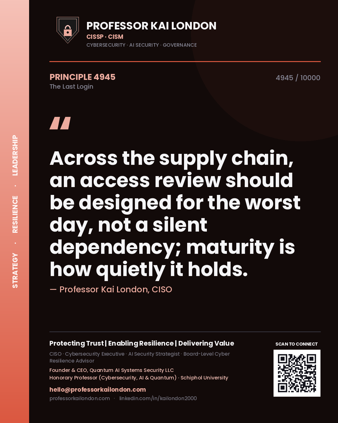 Quote card by Professor Kai London reading 'Across the supply chain, an access review should be designed for the worst day, not a silent dependency; maturity is how quietly it holds.'. From the book The Last Login.