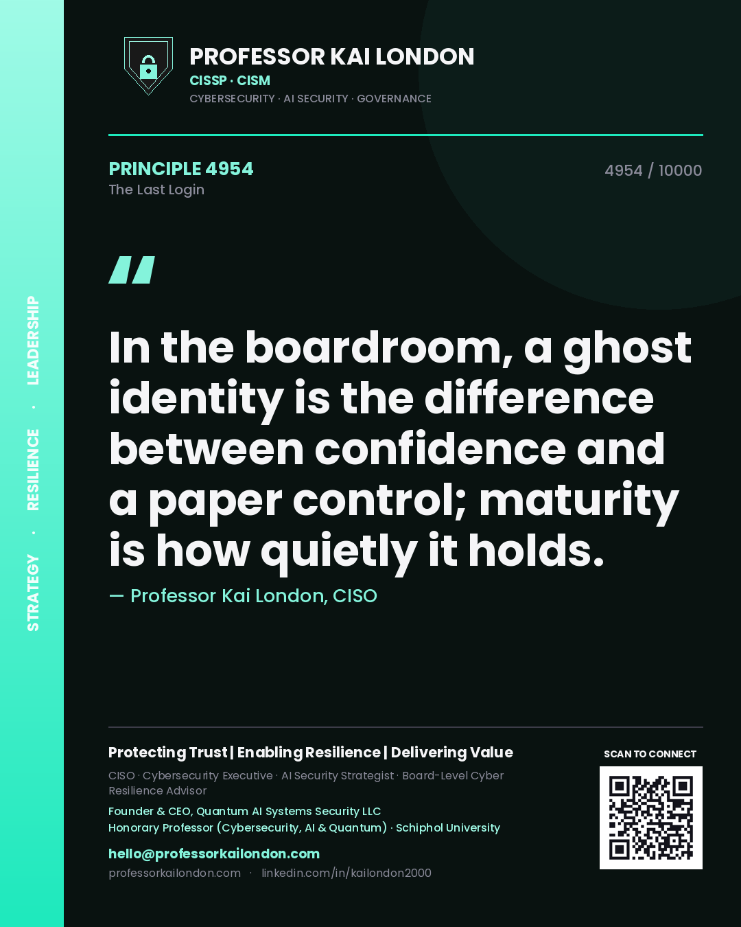 Professor Kai London principle 4954: In the boardroom, a ghost identity is the difference between confidence and a paper control; maturity is how quietly it holds.