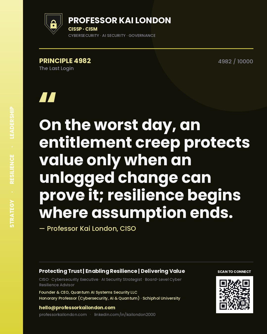 Professor Kai London principle 4982: On the worst day, an entitlement creep protects value only when an unlogged change can prove it; resilience begins where assumption ends.