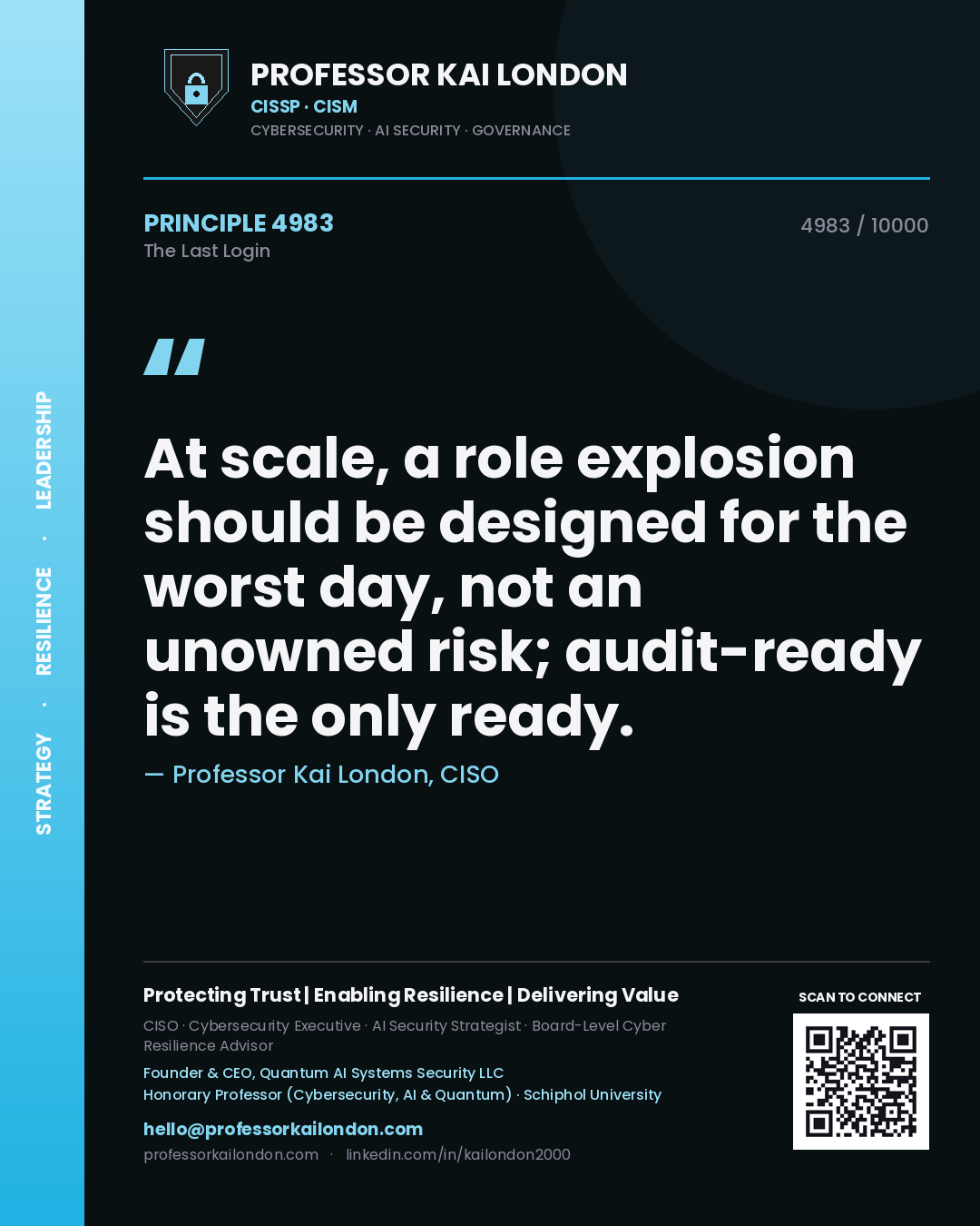 Professor Kai London principle 4983: At scale, a role explosion should be designed for the worst day, not an unowned risk; audit-ready is the only ready.