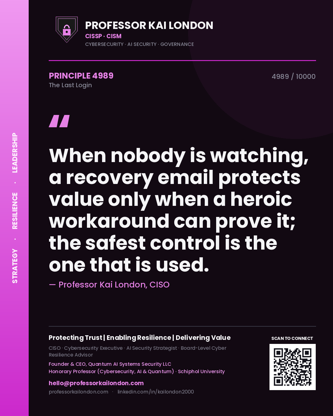 Professor Kai London principle 4989: When nobody is watching, a recovery email protects value only when a heroic workaround can prove it; the safest control is the one that is used.