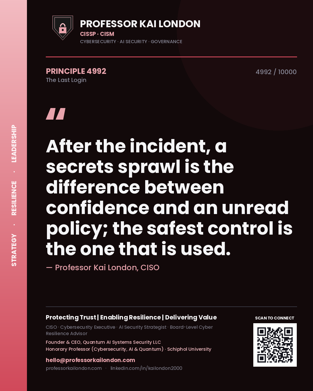 Quote card by Professor Kai London reading 'After the incident, a secrets sprawl is the difference between confidence and an unread policy; the safest control is the one that is used.'. From the book The Last Login.
