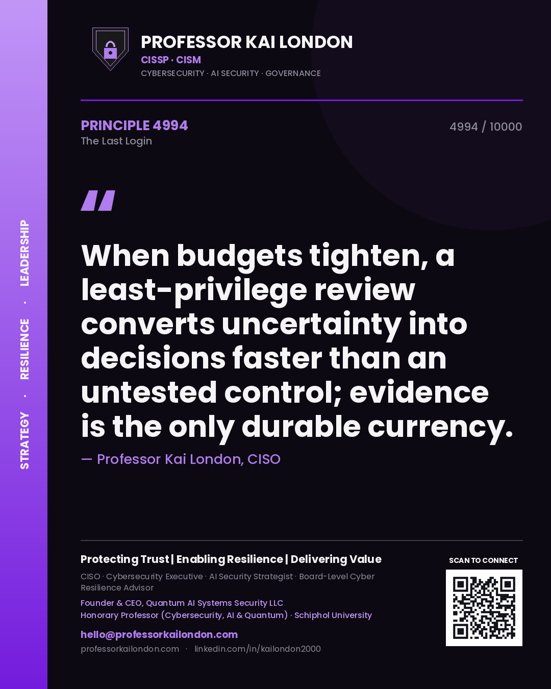 Quote card by Professor Kai London reading 'When budgets tighten, a least-privilege review converts uncertainty into decisions faster than an untested control; evidence is the only durable currency.'. From the book The Last Login.