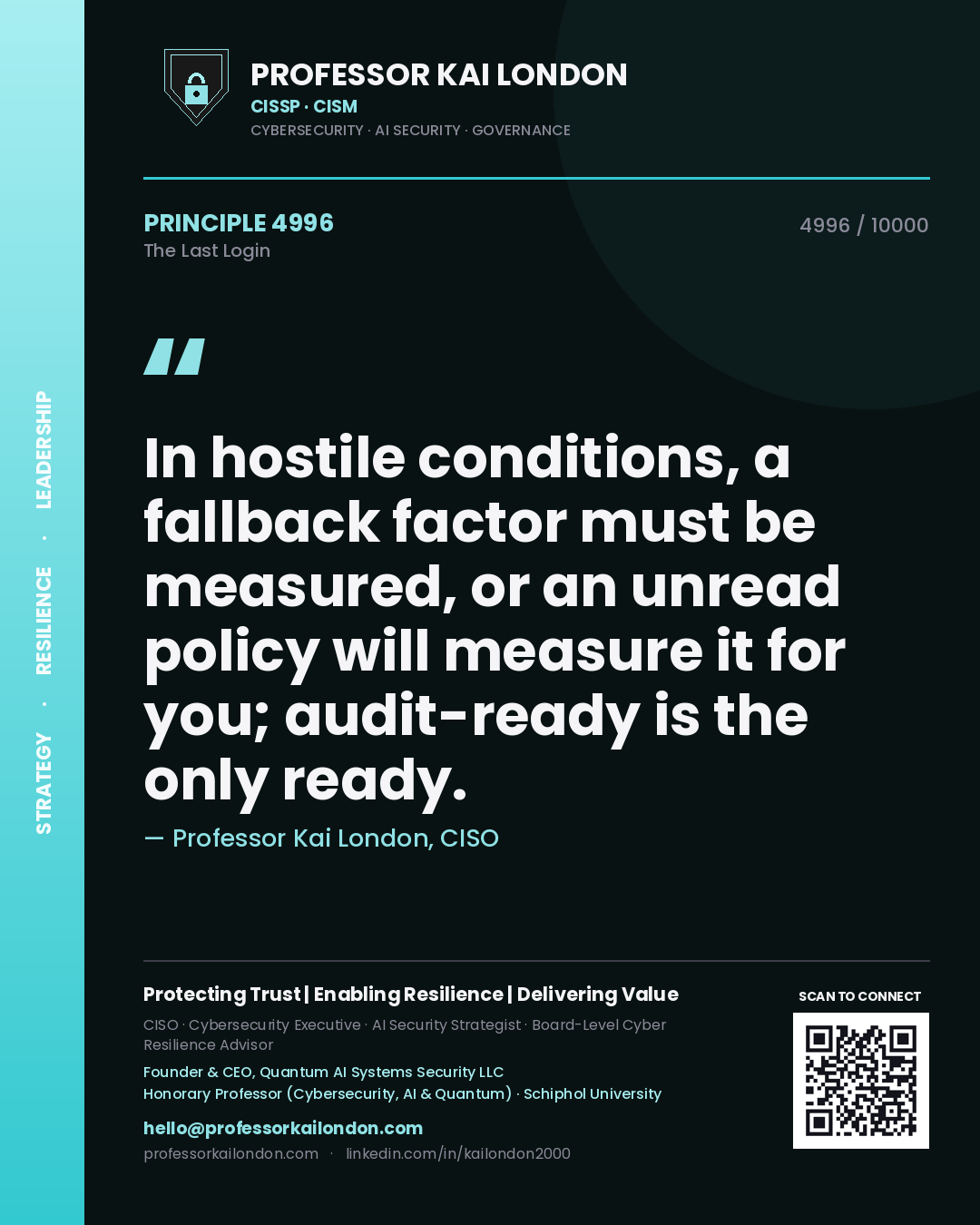 Quote card by Professor Kai London reading 'In hostile conditions, a fallback factor must be measured, or an unread policy will measure it for you; audit-ready is the only ready.'. From the book The Last Login.