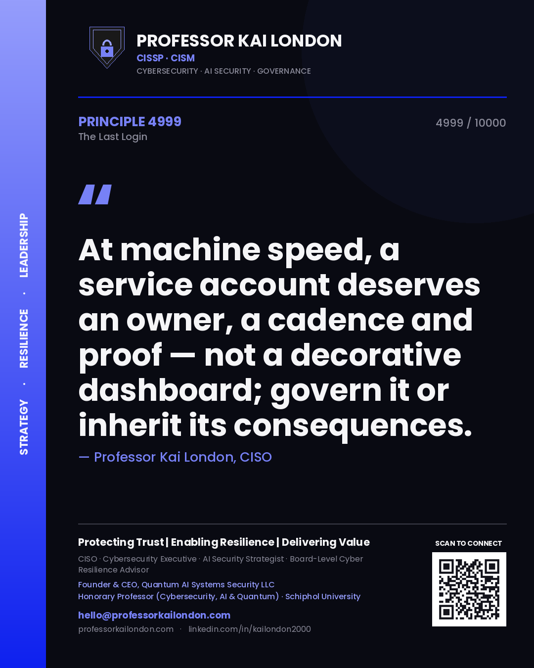 Quote card by Professor Kai London reading 'At machine speed, a service account deserves an owner, a cadence and proof — not a decorative dashboard; govern it or inherit its consequences.'. From the book The Last Login.