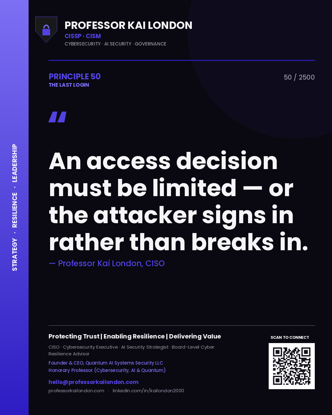 Quote card by Professor Kai London reading 'An access decision must be limited — or the attacker signs in rather than breaks in.'. From the book The Last Login.