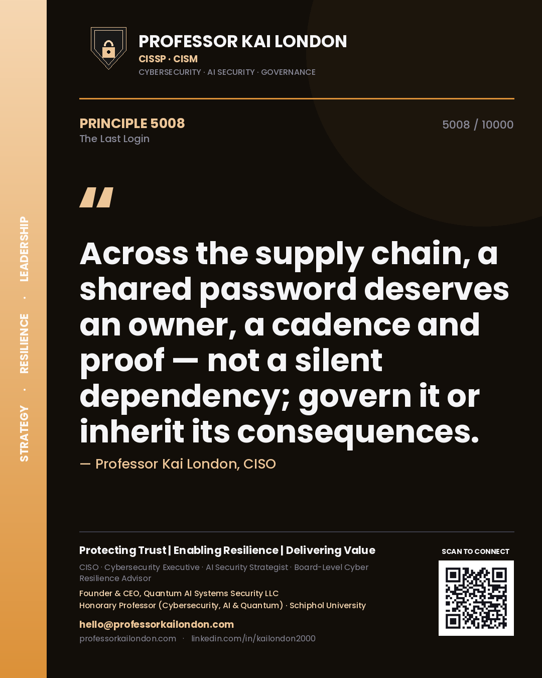 Professor Kai London principle 5008: Across the supply chain, a shared password deserves an owner, a cadence and proof — not a silent dependency; govern it or inherit its consequences.