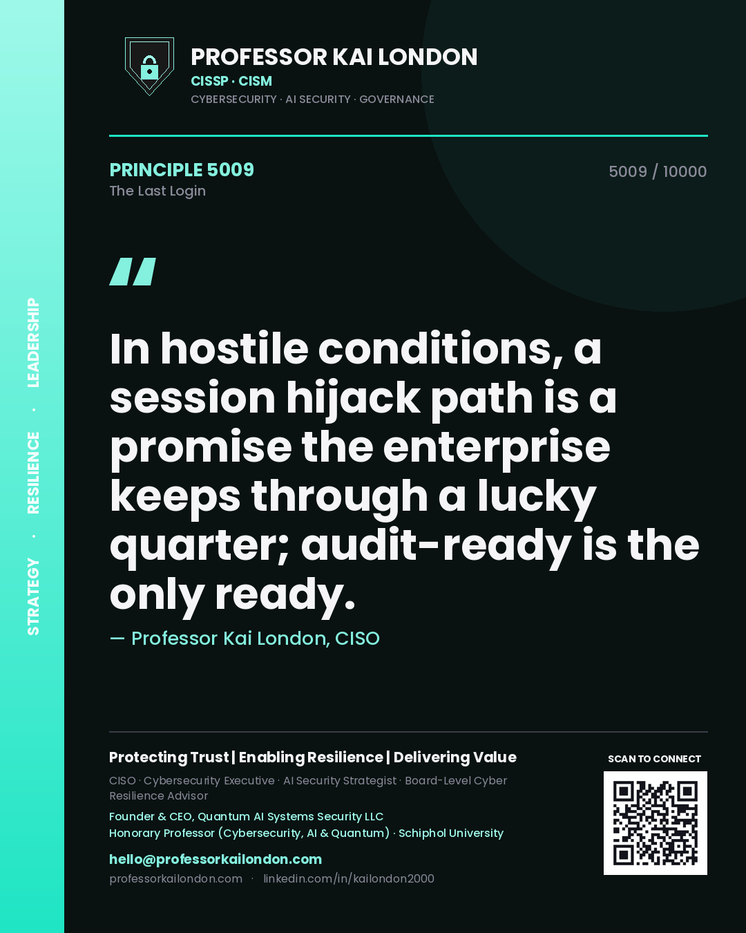 Quote card by Professor Kai London reading 'In hostile conditions, a session hijack path is a promise the enterprise keeps through a lucky quarter; audit-ready is the only ready.'. From the book The Last Login.
