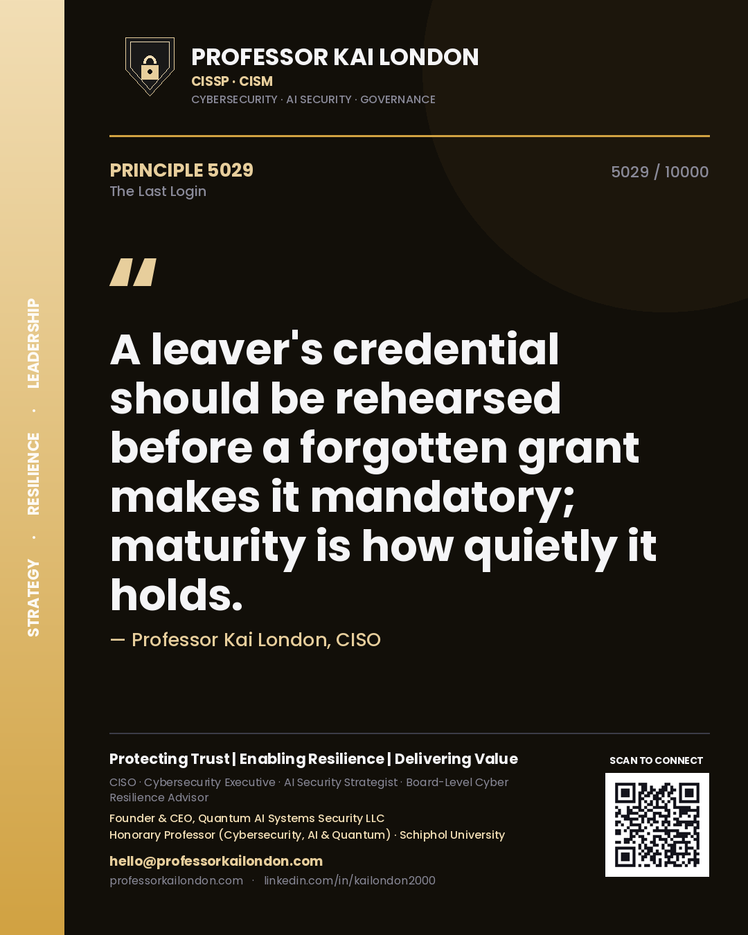 Quote card by Professor Kai London reading 'A leaver's credential should be rehearsed before a forgotten grant makes it mandatory; maturity is how quietly it holds.'. From the book The Last Login.