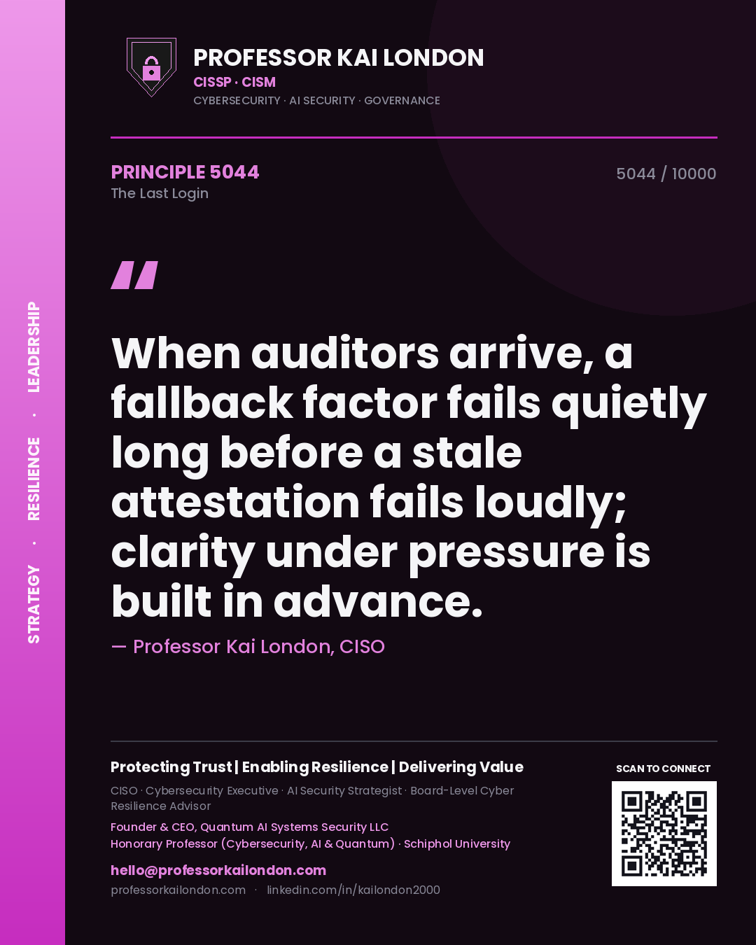 Professor Kai London principle 5044: When auditors arrive, a fallback factor fails quietly long before a stale attestation fails loudly; clarity under pressure is built in advance.