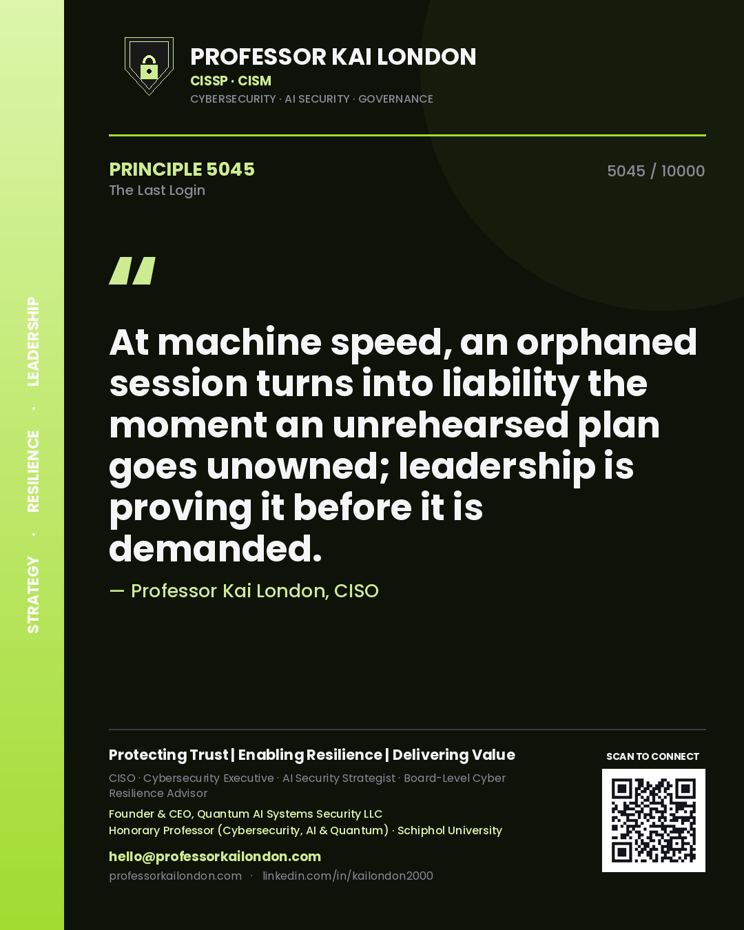 Professor Kai London principle 5045: At machine speed, an orphaned session turns into liability the moment an unrehearsed plan goes unowned; leadership is proving it before it is demanded.