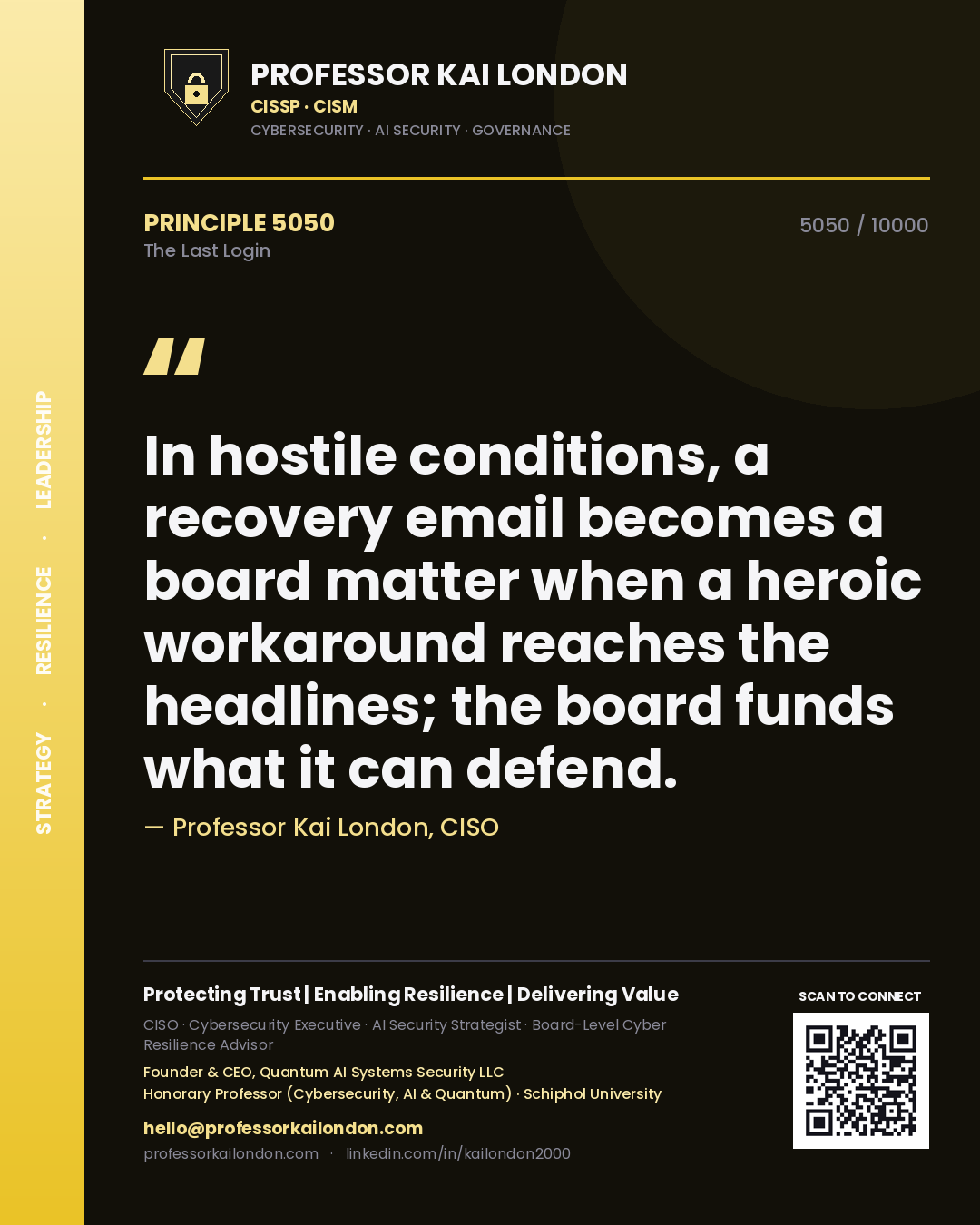Quote card by Professor Kai London reading 'In hostile conditions, a recovery email becomes a board matter when a heroic workaround reaches the headlines; the board funds what it can defend.'. From the book The Last Login.