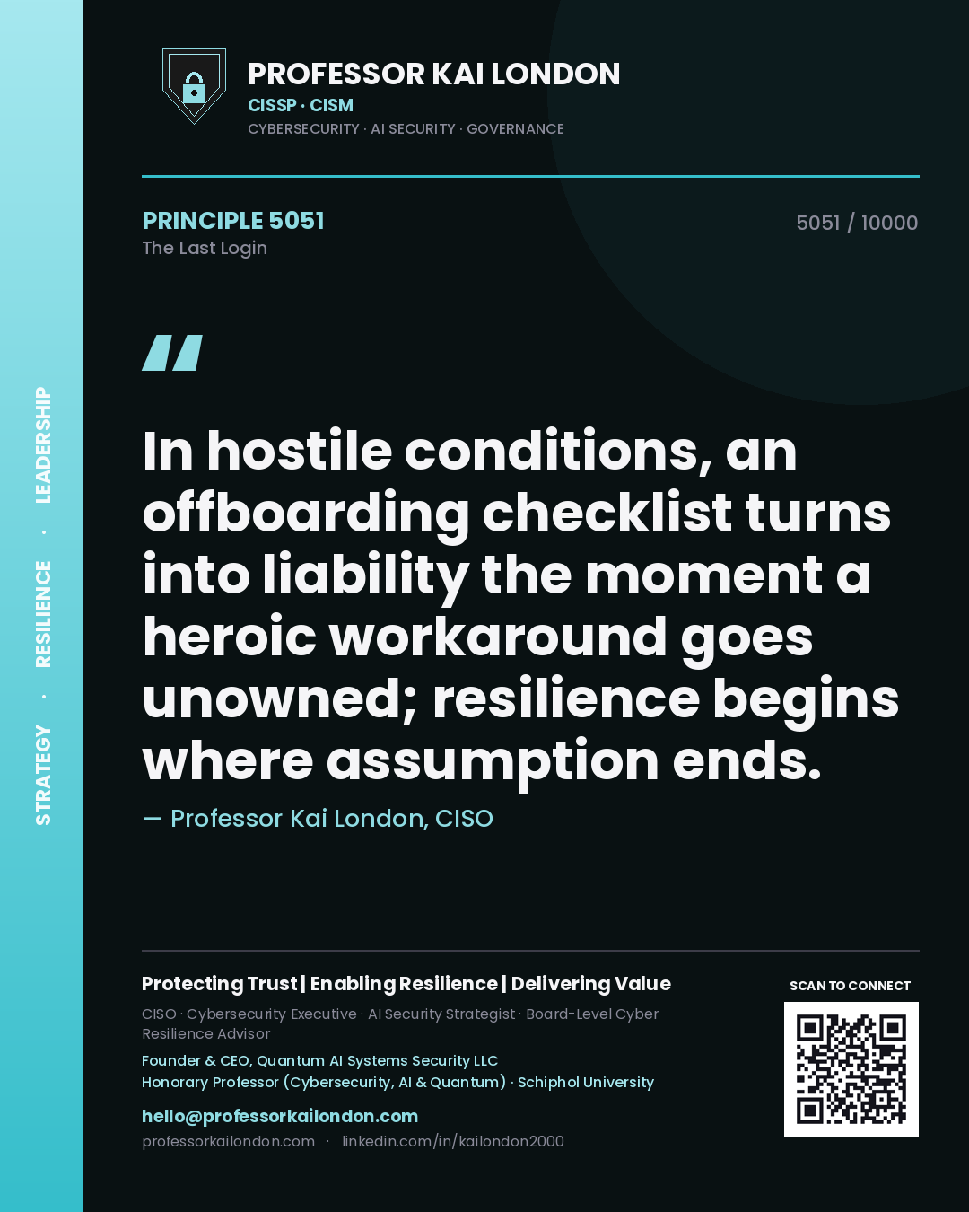 Professor Kai London principle 5051: In hostile conditions, an offboarding checklist turns into liability the moment a heroic workaround goes unowned; resilience begins where assumption ends.