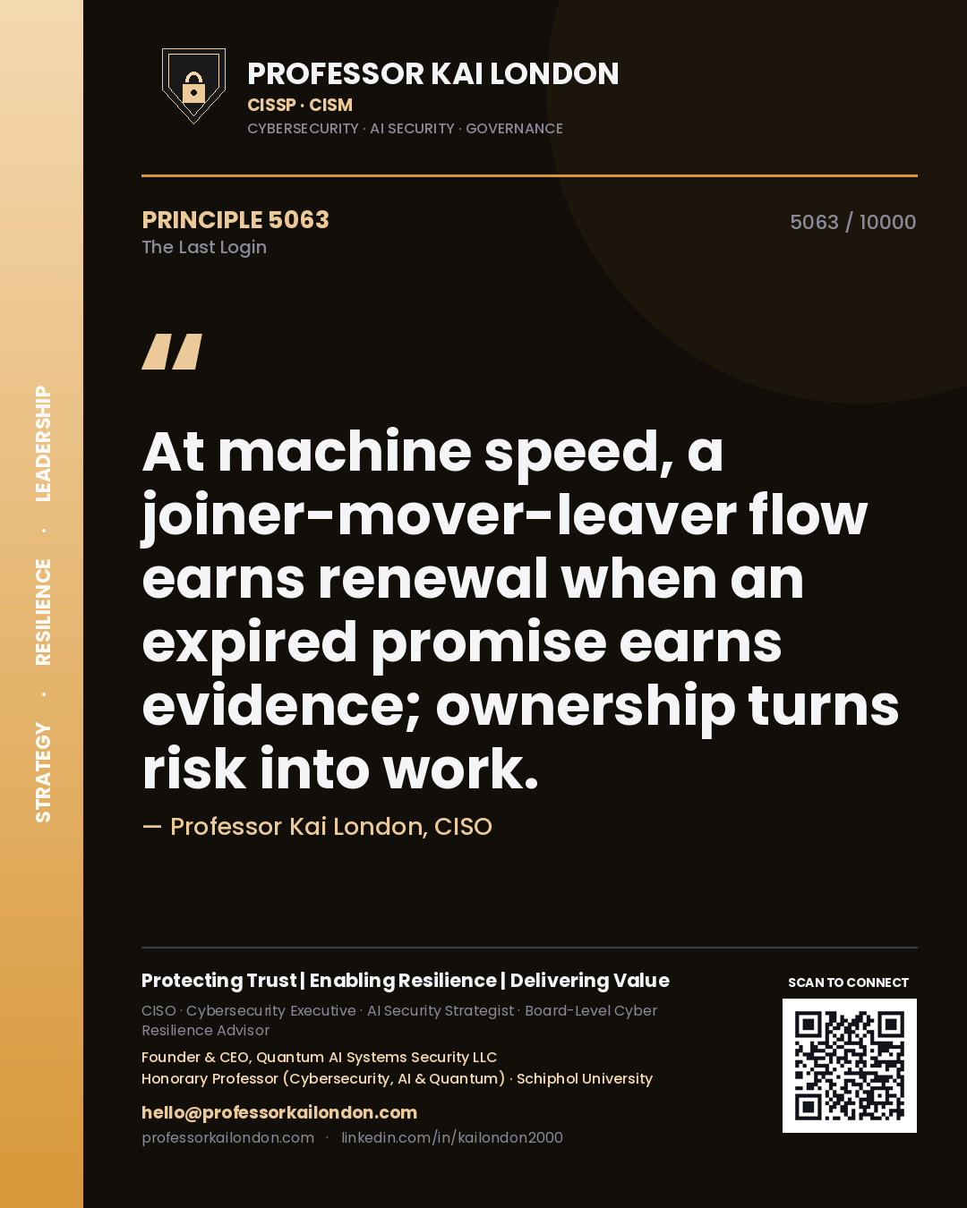 Professor Kai London principle 5063: At machine speed, a joiner-mover-leaver flow earns renewal when an expired promise earns evidence; ownership turns risk into work.