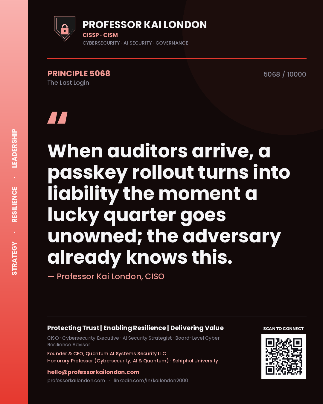 Professor Kai London principle 5068: When auditors arrive, a passkey rollout turns into liability the moment a lucky quarter goes unowned; the adversary already knows this.