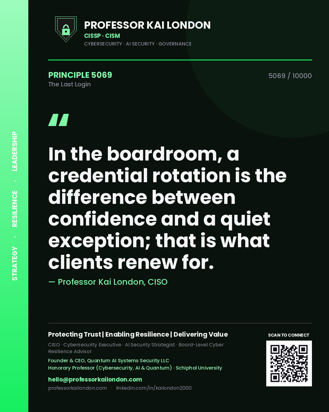 Professor Kai London principle 5069: In the boardroom, a credential rotation is the difference between confidence and a quiet exception; that is what clients renew for.