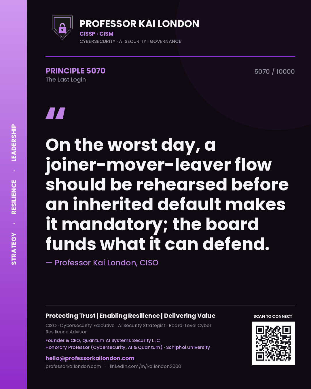 Professor Kai London principle 5070: On the worst day, a joiner-mover-leaver flow should be rehearsed before an inherited default makes it mandatory; the board funds what it can defend.