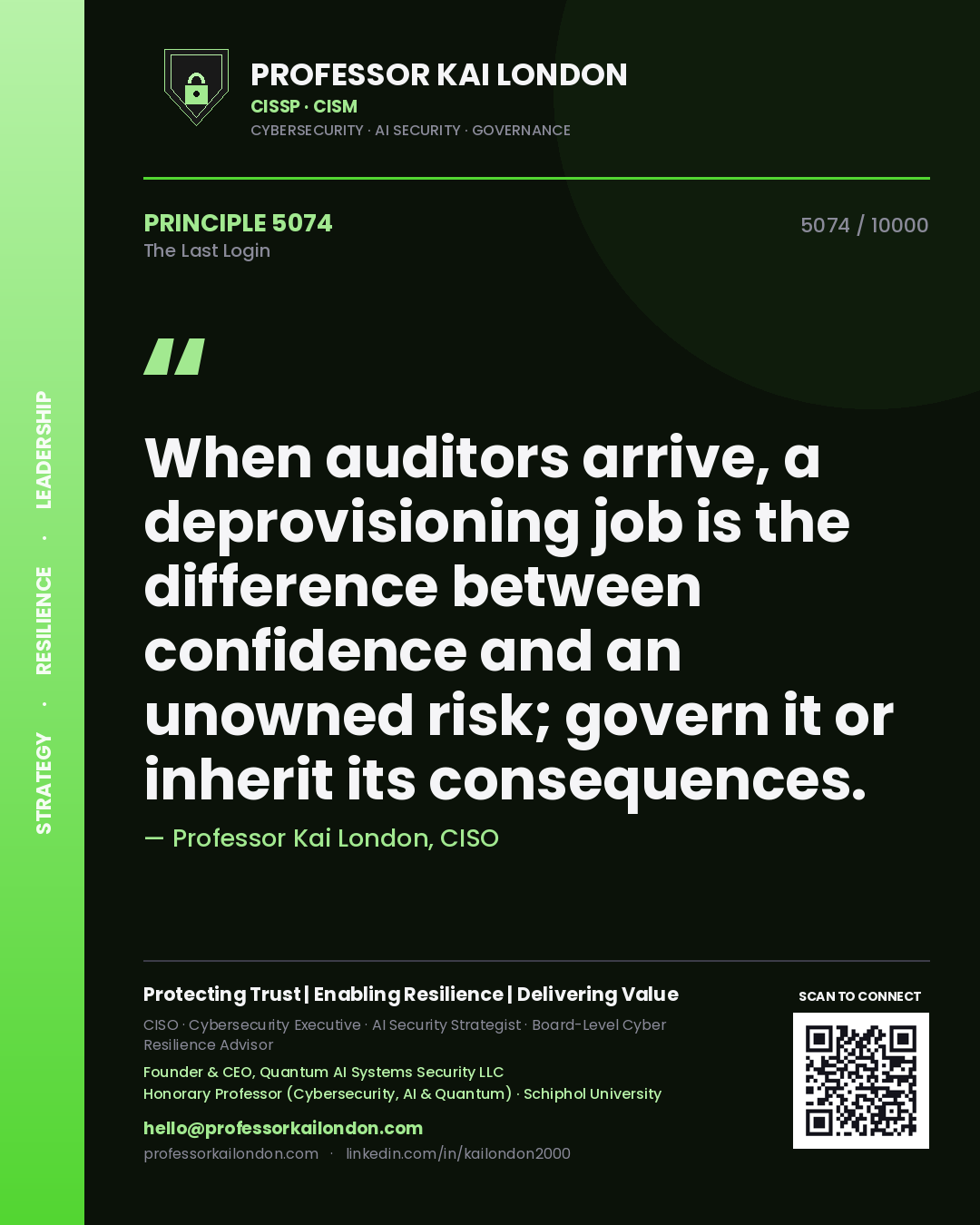 Professor Kai London principle 5074: When auditors arrive, a deprovisioning job is the difference between confidence and an unowned risk; govern it or inherit its consequences.