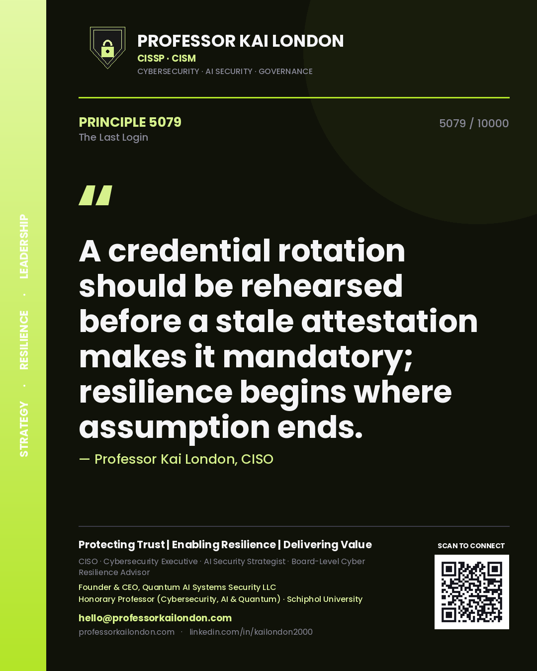 Professor Kai London principle 5079: A credential rotation should be rehearsed before a stale attestation makes it mandatory; resilience begins where assumption ends.