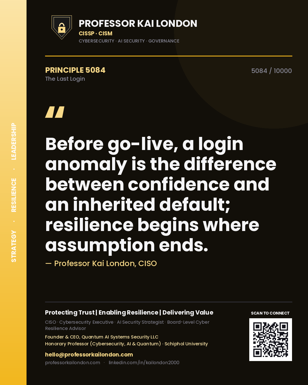 Quote card by Professor Kai London reading 'Before go-live, a login anomaly is the difference between confidence and an inherited default; resilience begins where assumption ends.'. From the book The Last Login.