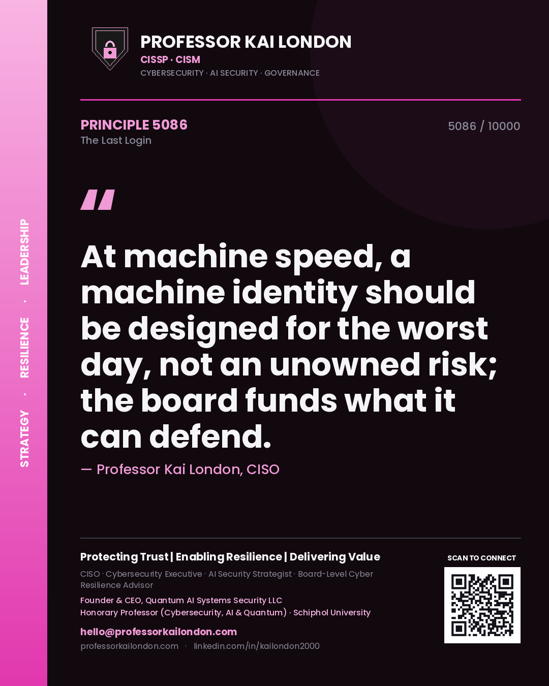 Professor Kai London principle 5086: At machine speed, a machine identity should be designed for the worst day, not an unowned risk; the board funds what it can defend.