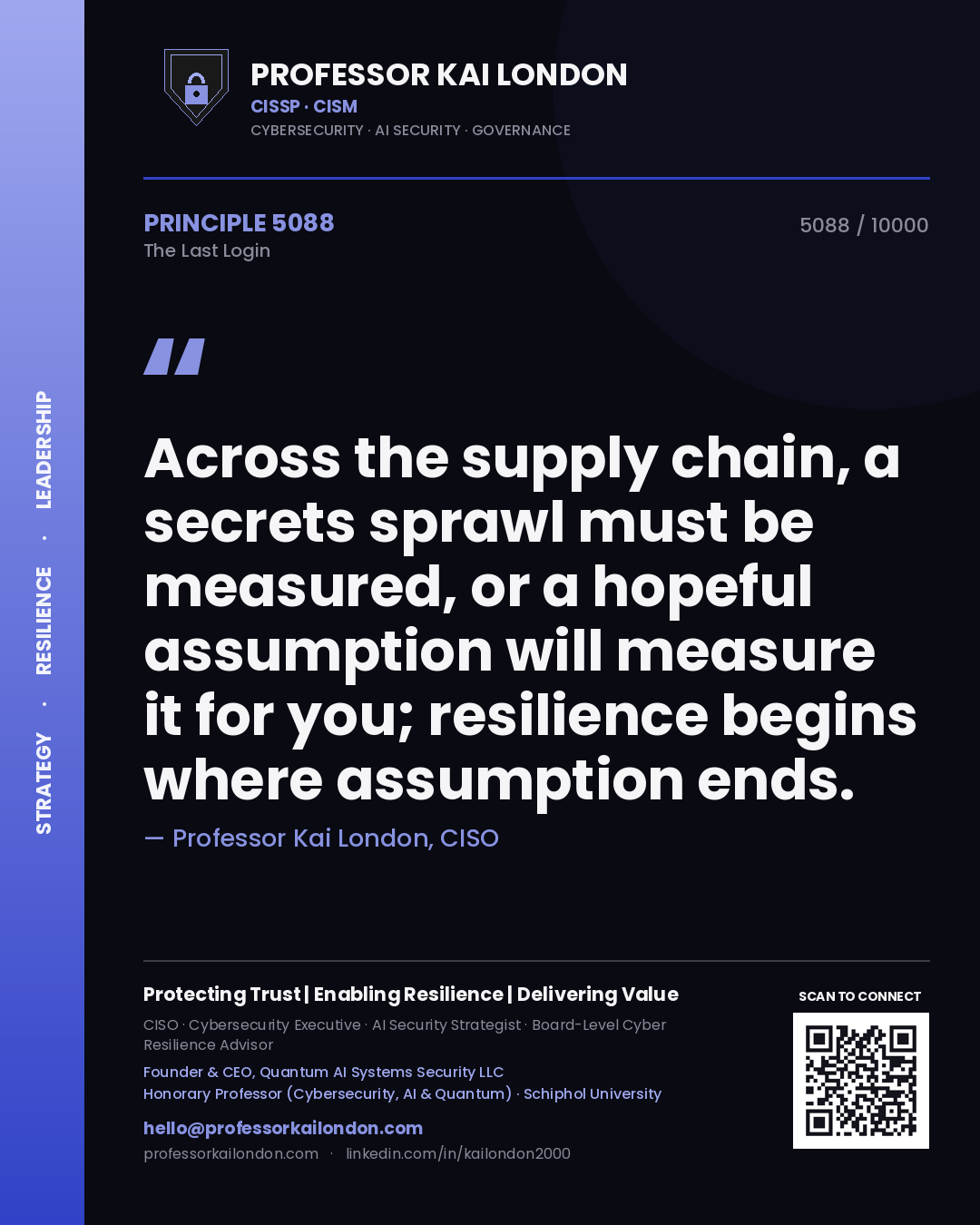 Quote card by Professor Kai London reading 'Across the supply chain, a secrets sprawl must be measured, or a hopeful assumption will measure it for you; resilience begins where assumption ends.'. From the book The Last Login.