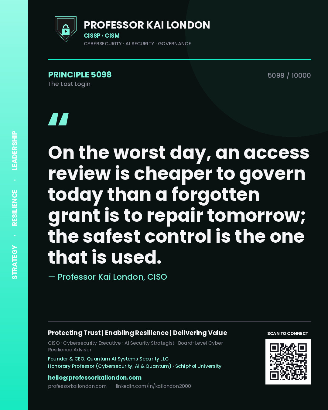Quote card by Professor Kai London reading 'On the worst day, an access review is cheaper to govern today than a forgotten grant is to repair tomorrow; the safest control is the one that is used.'. From the book The Last Login.