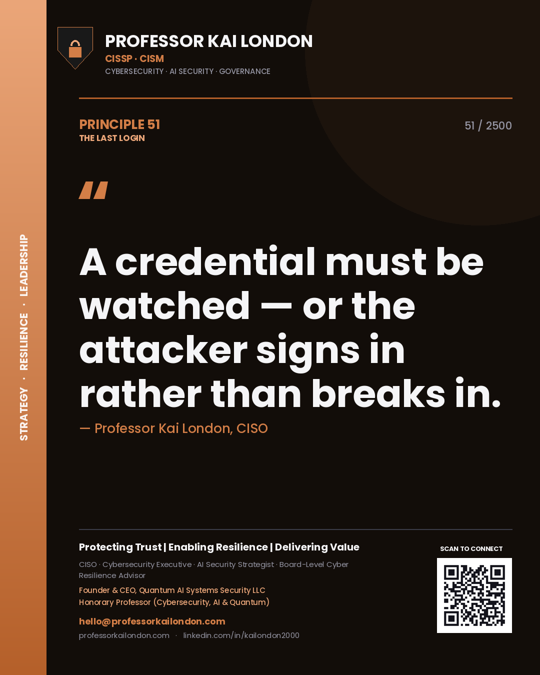 Quote card by Professor Kai London reading 'A credential must be watched — or the attacker signs in rather than breaks in.'. From the book The Last Login.