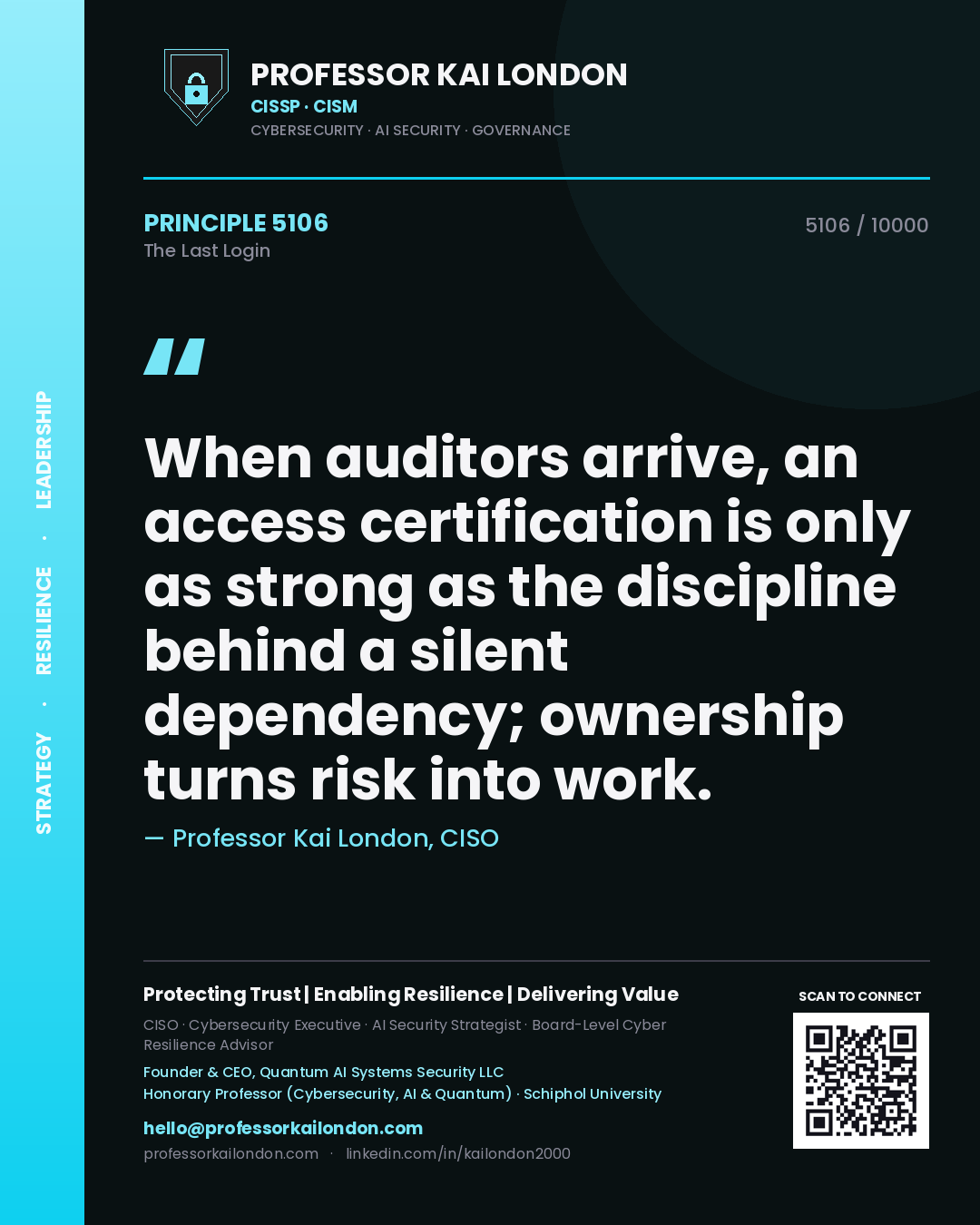 Professor Kai London principle 5106: When auditors arrive, an access certification is only as strong as the discipline behind a silent dependency; ownership turns risk into work.