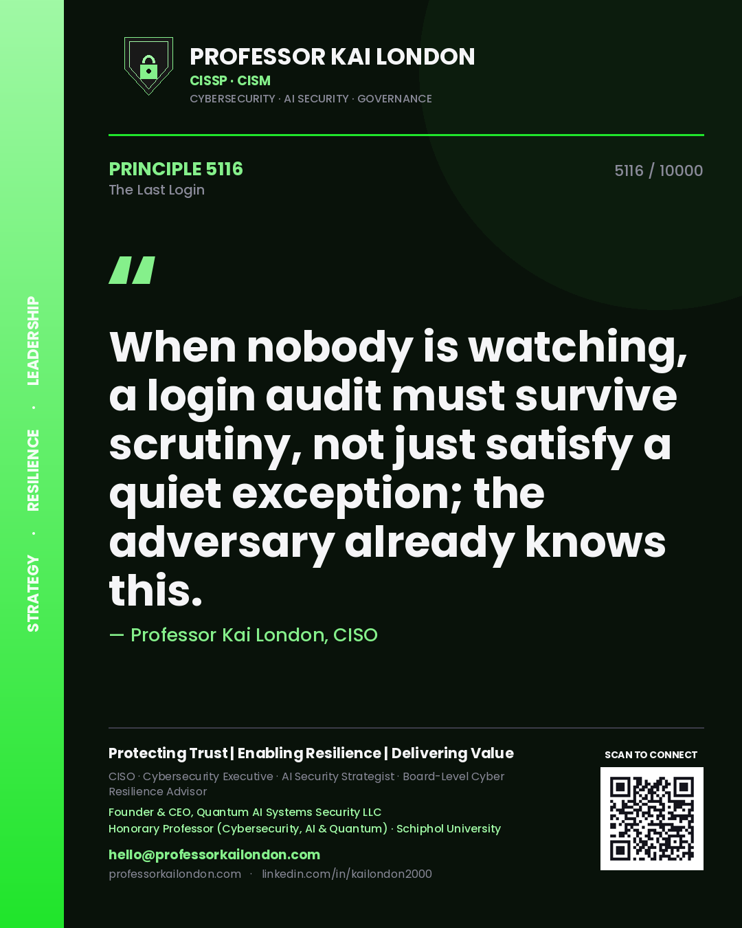Professor Kai London principle 5116: When nobody is watching, a login audit must survive scrutiny, not just satisfy a quiet exception; the adversary already knows this.