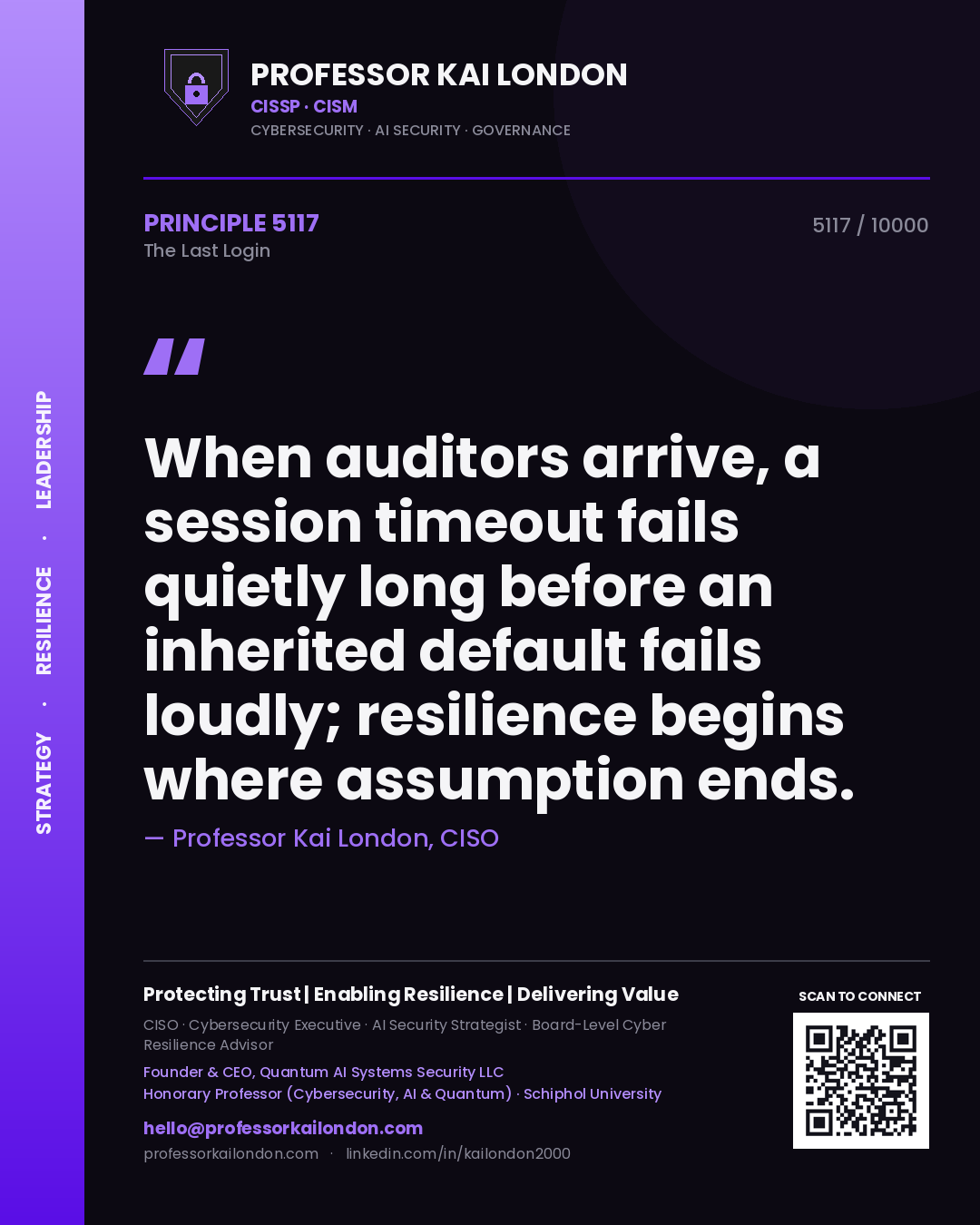 Professor Kai London principle 5117: When auditors arrive, a session timeout fails quietly long before an inherited default fails loudly; resilience begins where assumption ends.