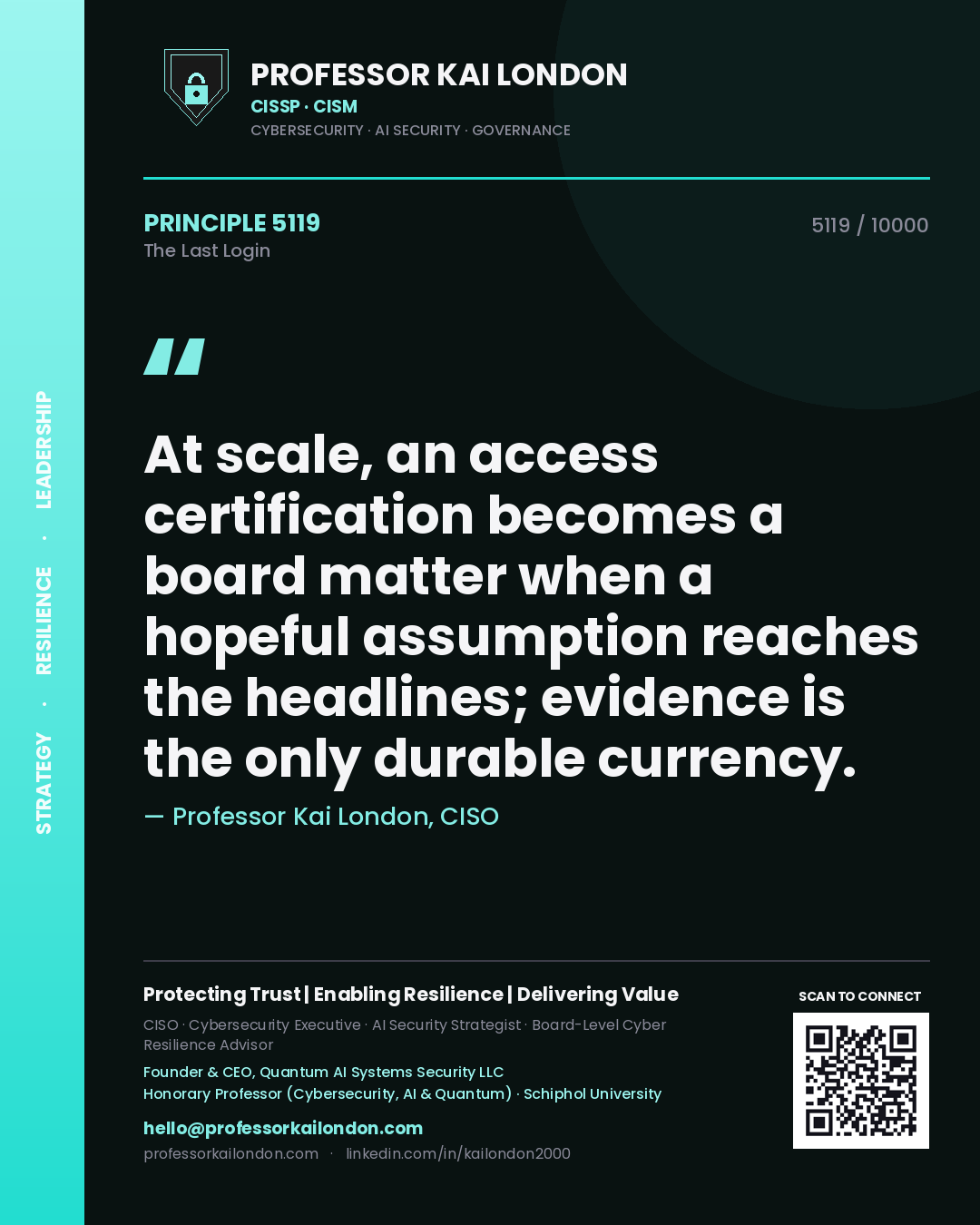 Quote card by Professor Kai London reading 'At scale, an access certification becomes a board matter when a hopeful assumption reaches the headlines; evidence is the only durable currency.'. From the book The Last Login.