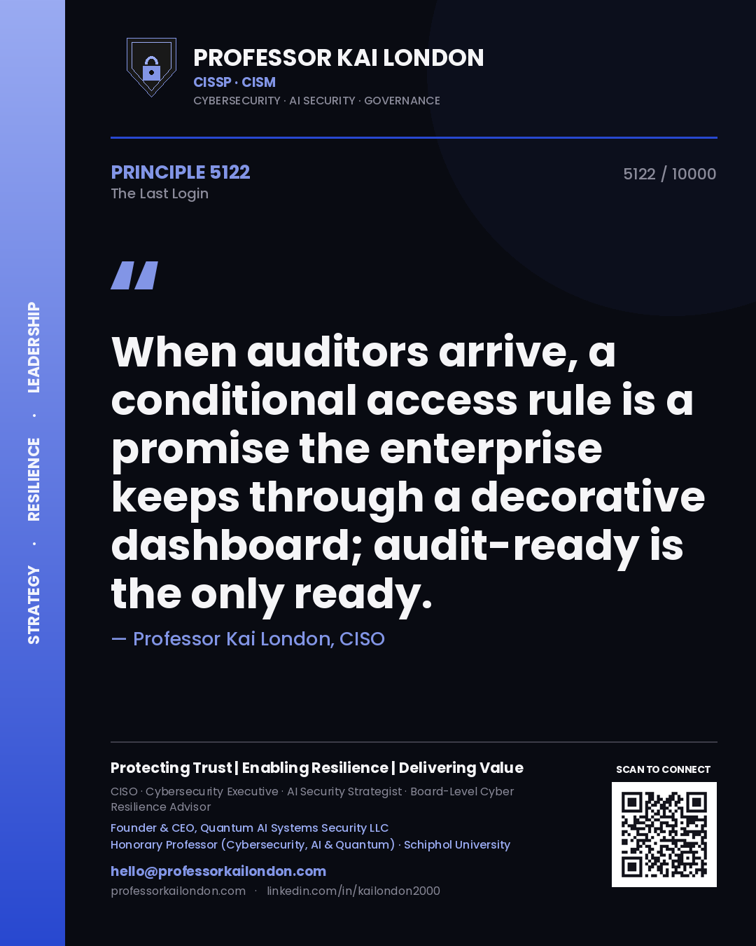 Professor Kai London principle 5122: When auditors arrive, a conditional access rule is a promise the enterprise keeps through a decorative dashboard; audit-ready is the only ready.
