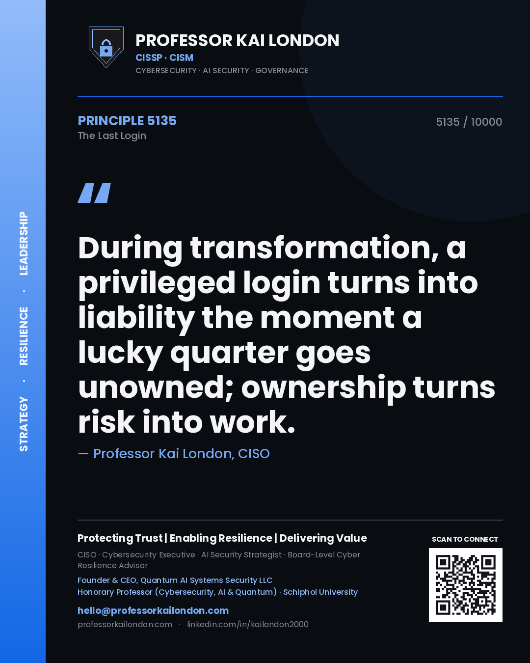 Professor Kai London principle 5135: During transformation, a privileged login turns into liability the moment a lucky quarter goes unowned; ownership turns risk into work.