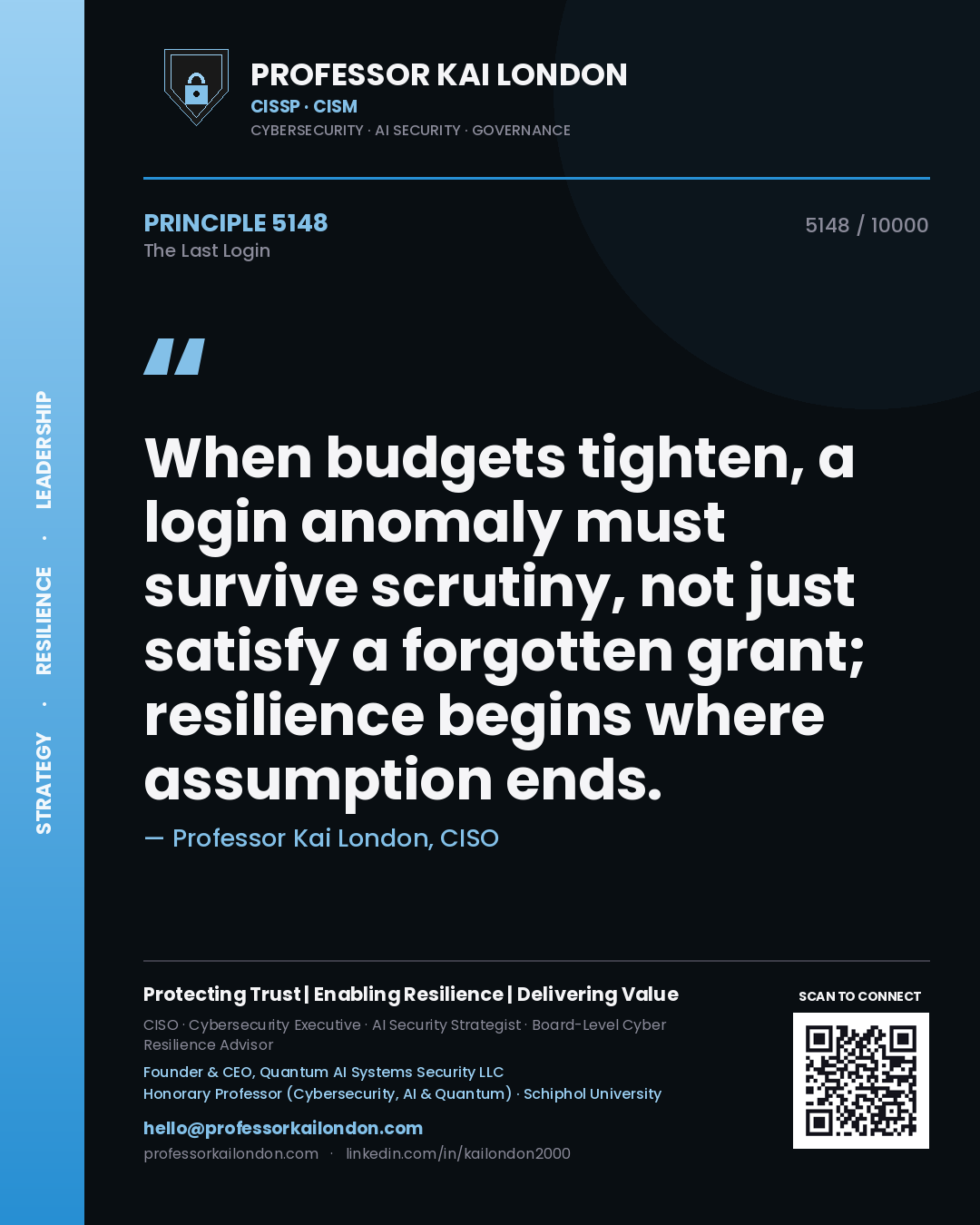 Quote card by Professor Kai London reading 'When budgets tighten, a login anomaly must survive scrutiny, not just satisfy a forgotten grant; resilience begins where assumption ends.'. From the book The Last Login.