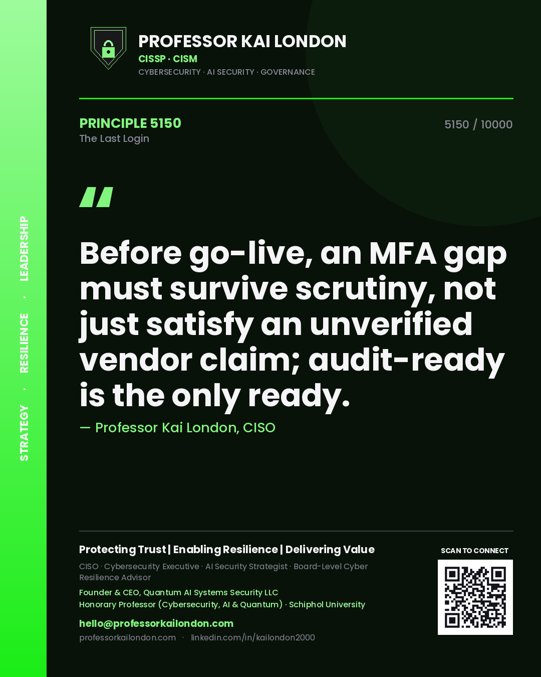 Quote card by Professor Kai London reading 'Before go-live, an MFA gap must survive scrutiny, not just satisfy an unverified vendor claim; audit-ready is the only ready.'. From the book The Last Login.