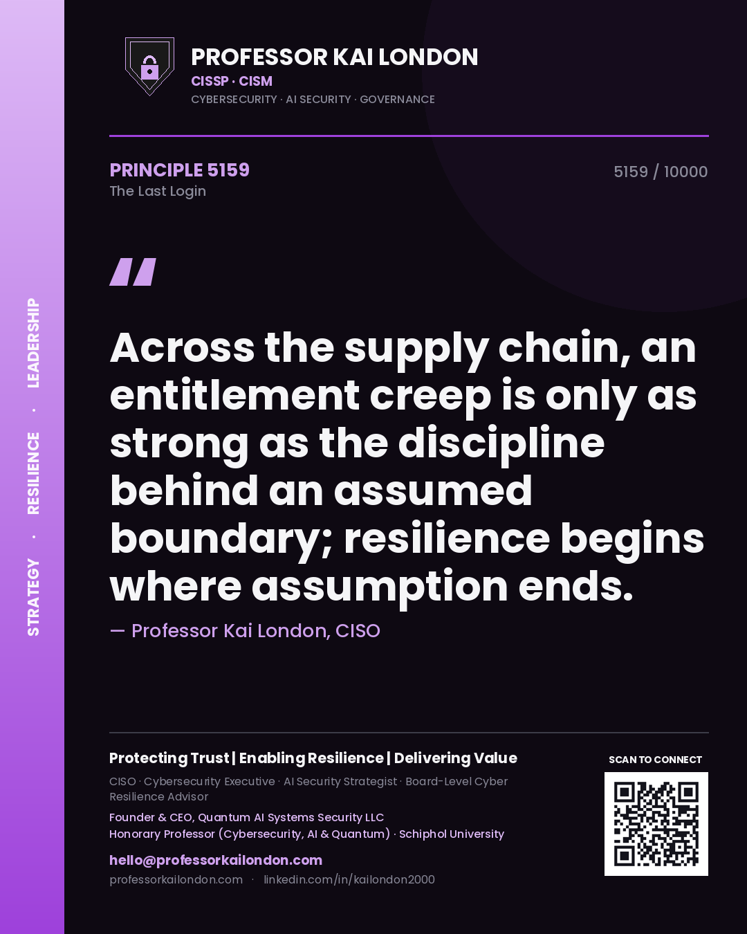 Quote card by Professor Kai London reading 'Across the supply chain, an entitlement creep is only as strong as the discipline behind an assumed boundary; resilience begins where assumption ends.'. From the book The Last Login.